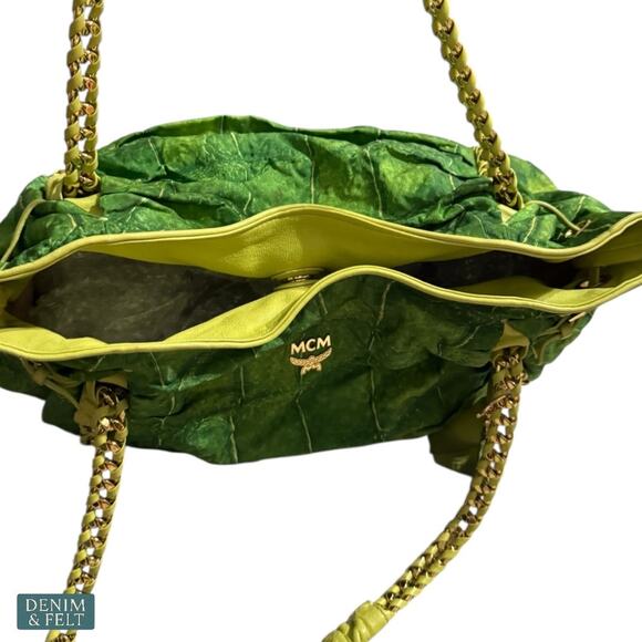 MCM Green Leather Shoulder Bag Gold Chain Handles Vintage Rare Purse Tote - Picture 7 of 16